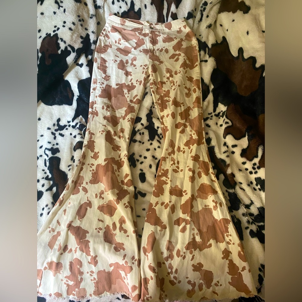 cow print flare jeans
